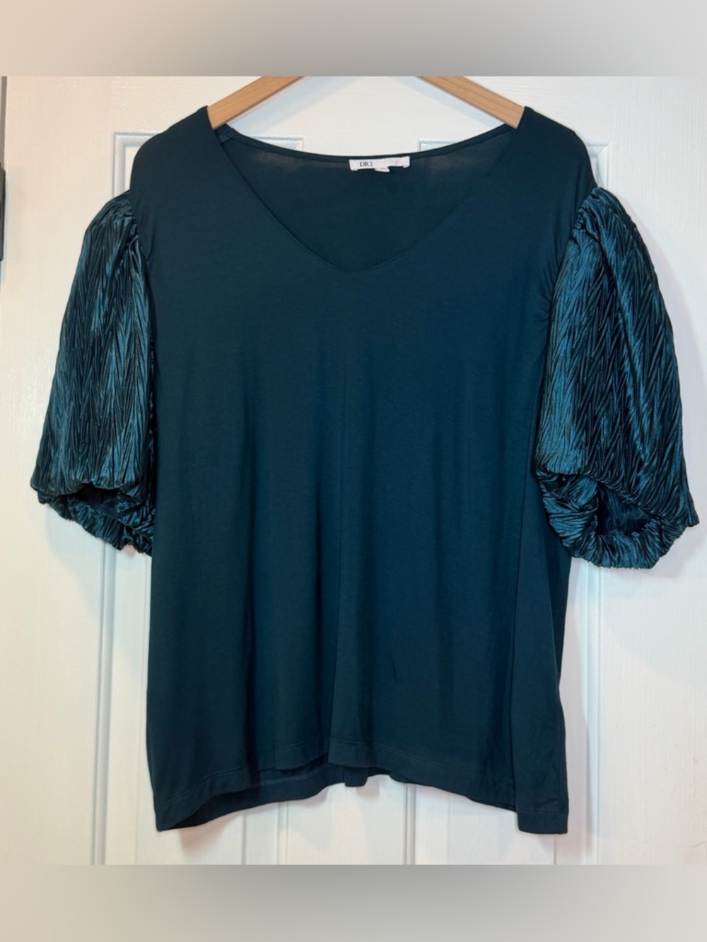 DR2 Teal Puff Sleeve Top XXL Satin Balloon Sleeve Blouse Stretchy Knit